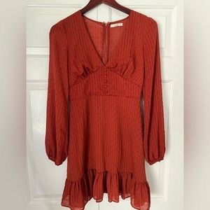 Burnt Orange Ling Sleeve Polka Dot Dress